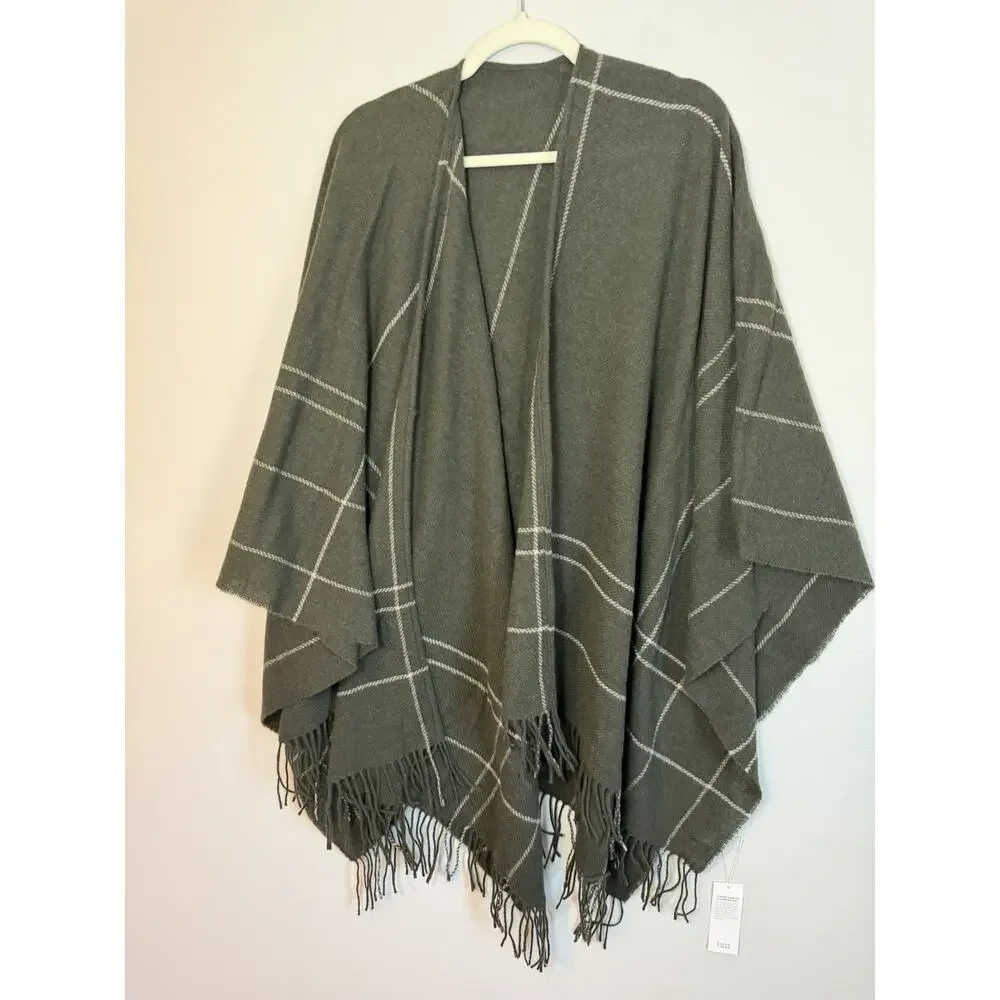 Eileen Fisher Wool Twill Green Plaid Wrap Fringe $188 NWT